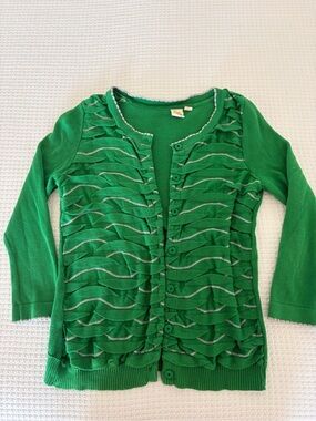 Anthropologie yellow bird Green Ruffle Front Button Cardigan Sweater